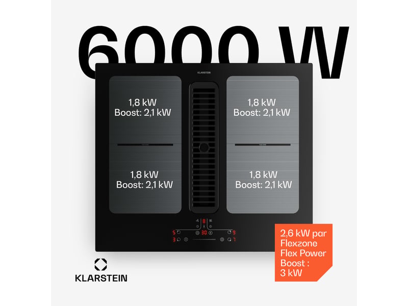  Klarstein full house plaque à induction avec hotte aspirante 4 zones 7335 w 530 m³h 60 cm noir  - Conforama C