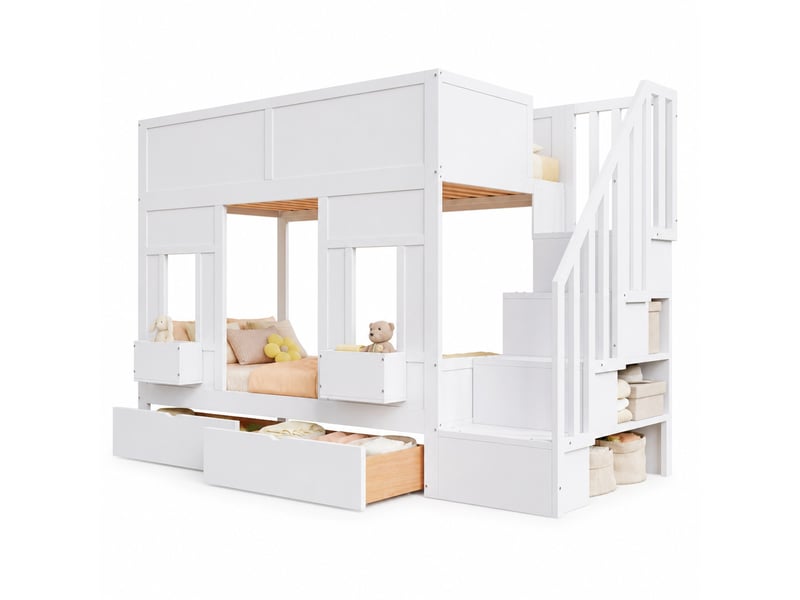  Lit mezzanine enfant,90x200 cm,avec escalier et rangements,mdf,blanc  - Conforama A