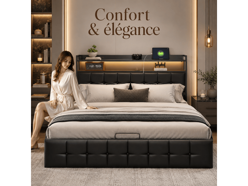  Lit coffre double 160x200cm avec  led et prise usb tpye c - rangement de chevet et tête de lit rembourré- hydraulique - lit adulte 2 personnes - pu - noir - lit capitonné, lit 2 places, cadre de lit, lit ado, sommier à lattes, c…  - Conforama R