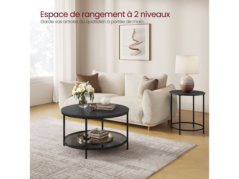 Table basse table de salon 80 x 46 cm table canapé apéro façon marbre support en verre trempé facile à assembler pour salon style moderne noir 12_0007497  - Conforama B