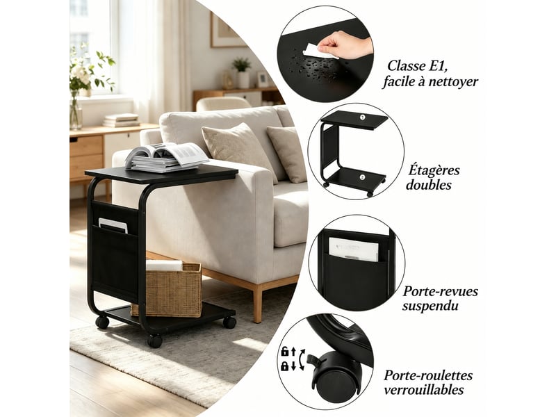  Bout de canapé en forme de c à roulettes avec pochette de rangement, 50x35x62 cm, noir  - Conforama E