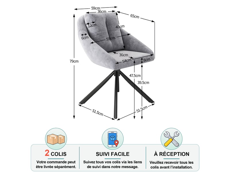  Chaise de salle à manger lot de 4 pivotante à 360 degrés avec dossier ergonomique en velours gris  - Conforama D