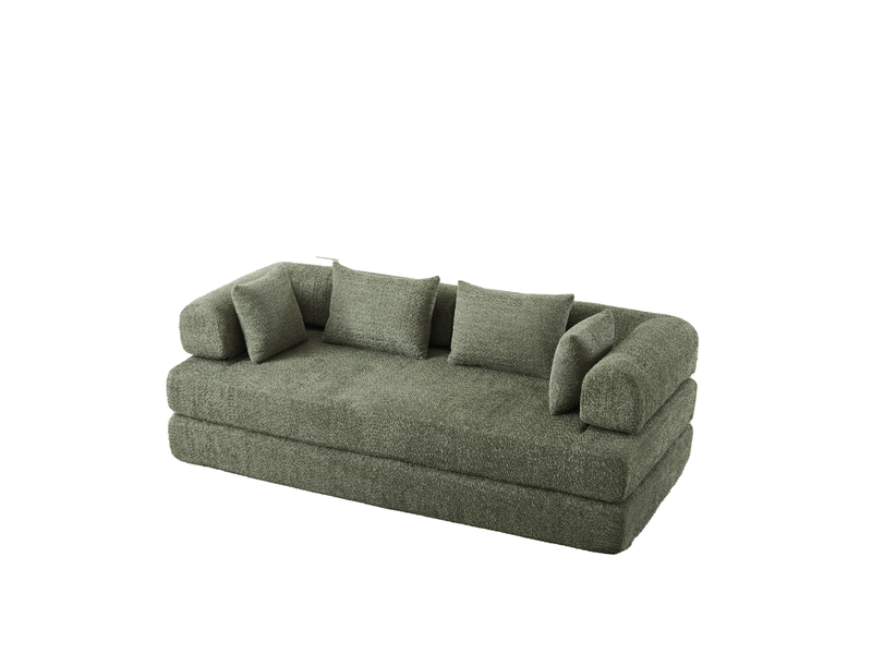 Canapé convertible modulable 2 places 200 x 95 cm vert en chenille, 4 configurations avec 4 coussins - Conforama D