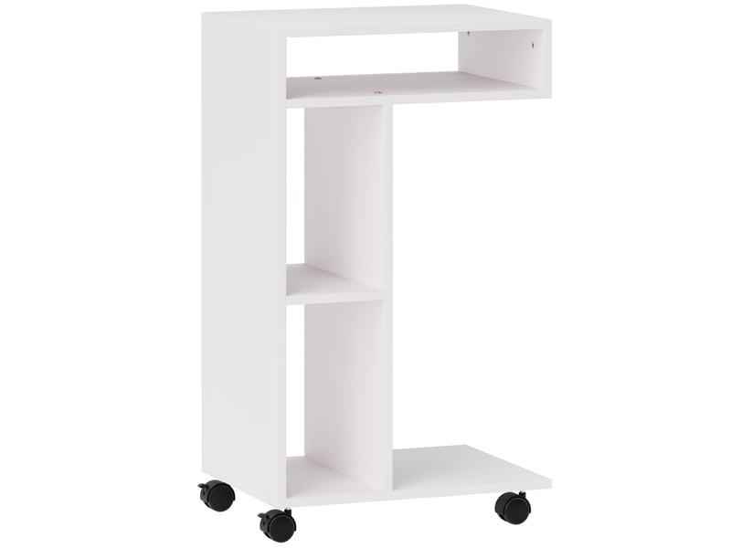  Table d'appoint en forme de c avec roulettes, 40 x 30 x 69 cm, avec 3 compartiments et 1 étagère ouverte, blanc  - Conforama B