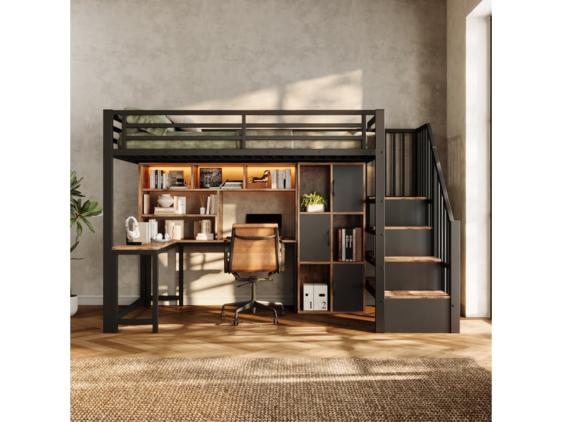  Lit mezzanine 90 x 200 cm - avec échelle de rangement - avec compartiments de rangement - avec bande lumineuse led - blanc (matelas non inclus)  - Conforama D