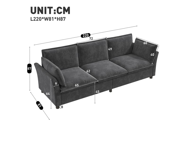 Canapé modulable 3 places 220x81x87 cm, canapé salon effet nuage avec cadre en métal et 2 coussins d'accoudoirs, chenille, gris - Conforama C