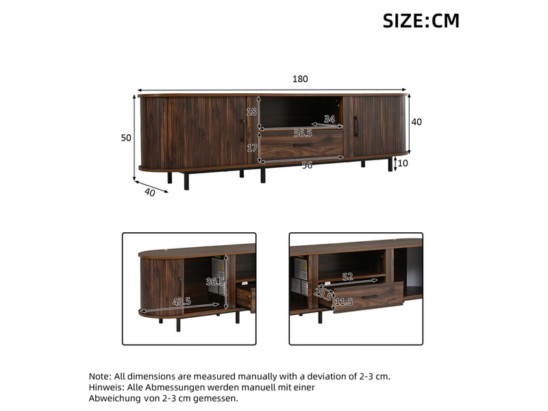  Meuble tv 180x40x50 cm avec portes coulissantes mdf couleur noyer  - Conforama E