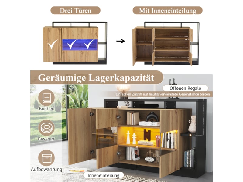  Buffet led en mdf aspect bois 140 x 44 x 93,5 cm avec cadre noir, bluetooth et 3 étagères réglables  - Conforama C