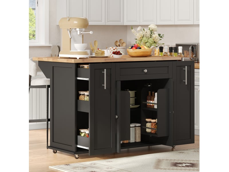  Desserte de cuisine plateau rabattable, 3 tiroirs, 4 portes et roulettes verrouillables, noir naturel 120 × 70 × 87 cm  - Conforama B