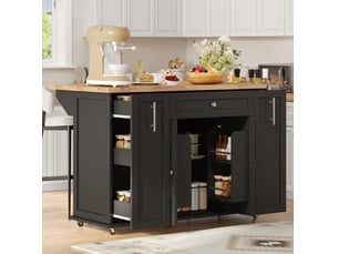 Desserte de cuisine plateau rabattable, 3 tiroirs, 4 portes et roulettes verrouillables, noir naturel 120 × 70 × 87 cm