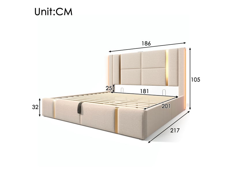 Lit coffre double 180x200 cm avec led rgb, usb-c, sommier à lattes beige - Conforama C