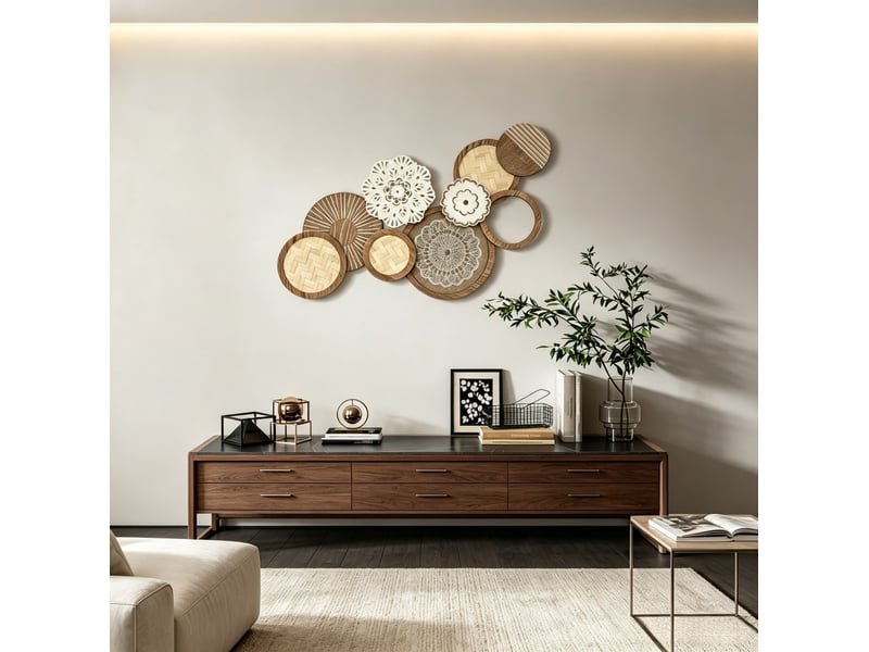  Décoration murale en mdf et bois avec panneaux tressés et motifs sculptés, effet bois naturel 83,8 × 4,4 × 44,5 cm  - Conforama B