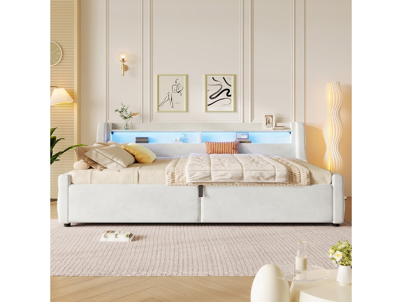  Lit coffre beige 140x200 cm en velours avec relevage hydraulique, tête de lit à led multicolores et rangement sous sommier  - Conforama B