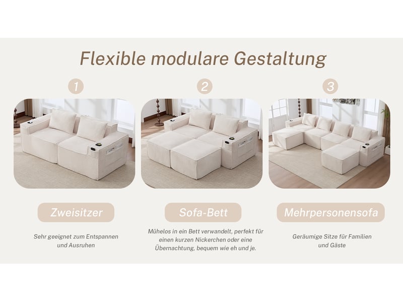  Canapé modulaire 2 places avec 2 poufs et porte-gobelets - lpospi - poches latérales, velours côtelé beige  - Conforama E