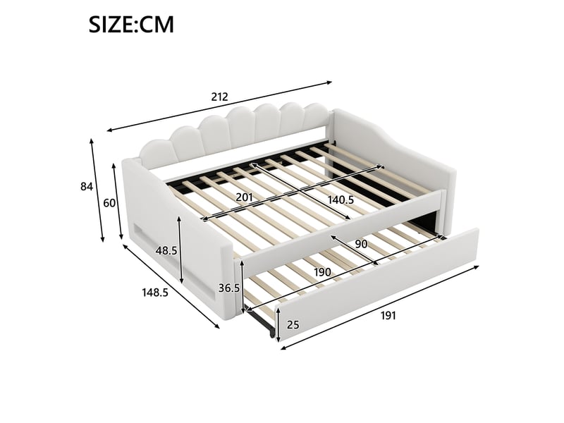  Lit d'appoint 140x200 cm rembourré, éclairage led, couchage gigogne, coloris beige, structure stable en bois  - Conforama B