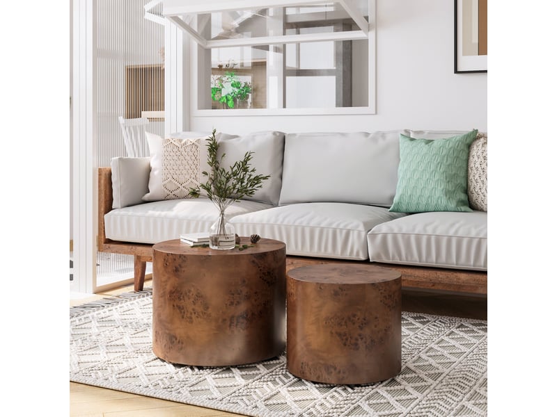  Lot de 2 tables basses gigognes - ø48x38cm et ø38x32cm - tables rondes tambour en bois motif loupe salon - marron  - Conforama B