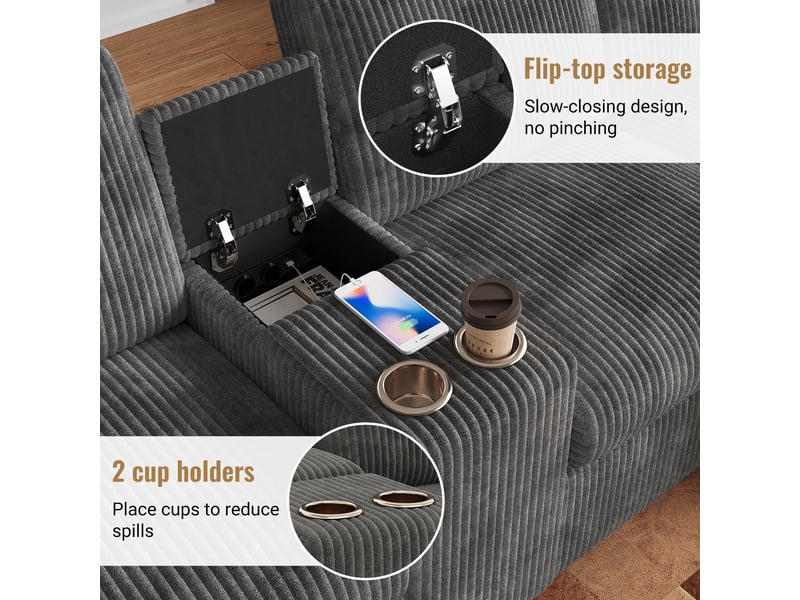 Canapé en u 4 places en velours côtelé gris, 315×135×81 cm, 2 poufs avec rangement, table d'appoint, ports usb et prises - Conforama E