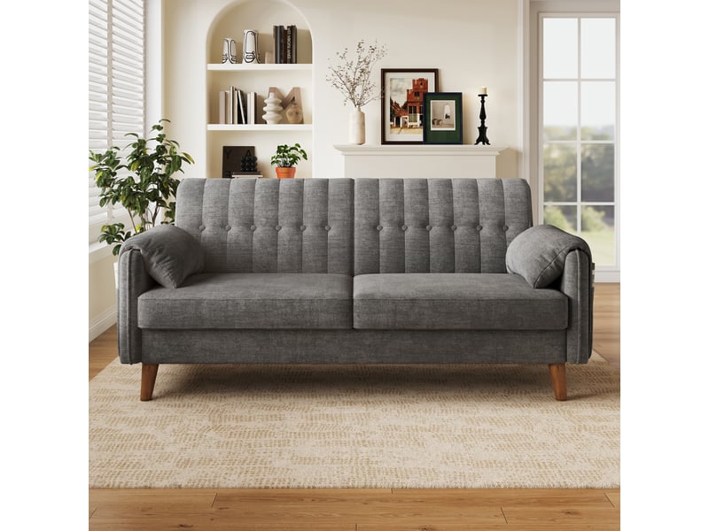  Canapé 2 places 161,5x79x83,5 cm en chenille, dossier capitonné, 2 coussins d’accoudoir, poches latérales, pieds en bois massif - gris clair  - Conforama C