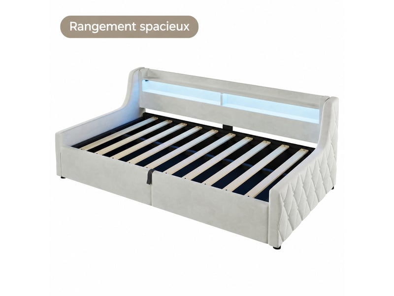  Lit coffre 90 x 200 cm en velours beige avec éclairage led multicolore, sans matelas  - Conforama D