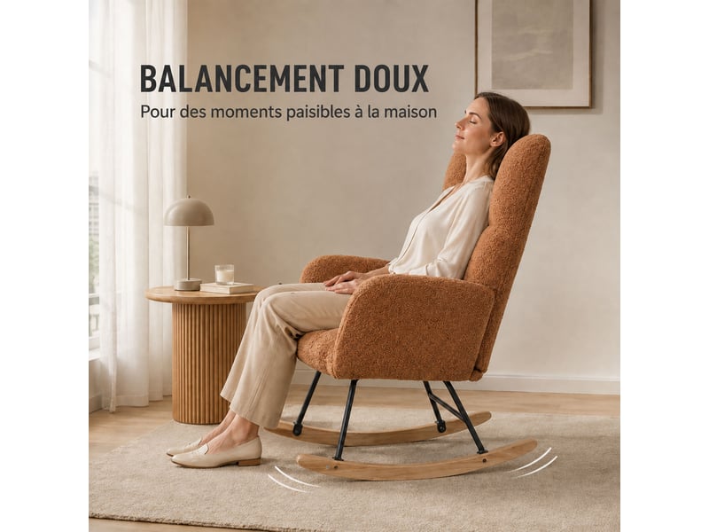 Fauteuil à bascule teddy marron, fauteuil rocking‑chair ergonomique avec dossier haut et accoudoirs rembourrés, base en bois massif, chaise de relaxation pour salon, chambre et chambre bébé  - Conforama E