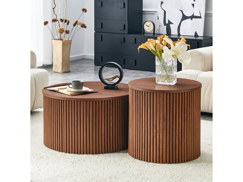 Tables basses gigognes lot de 2, design colonne romaine, mdf rondes avec rangement interne caché, finition grain de bois de noyer. - Conforama B