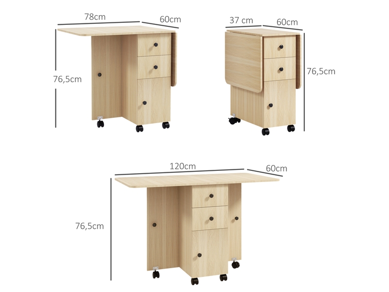  Table pliante à roulettes avec abattants, table d'appoint multifonctionnelle avec rangement, 120 x 60 x 76,5 cm, naturelle  - Conforama E
