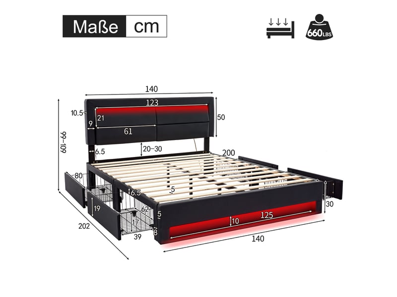  Lit rembourré tcqpz 140 x 200 cm avec usb chargement sans fil et filaire led 4 tiroirs sommier à lattes pu noir sans matelas  - Conforama C