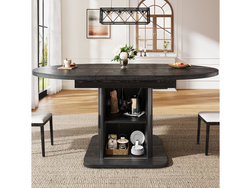  Table à manger extensible ovale 110-150x110x75 cm table à manger 4 à 6 personnes ronde moderne avec portes coulissantes, noir  - Conforama C