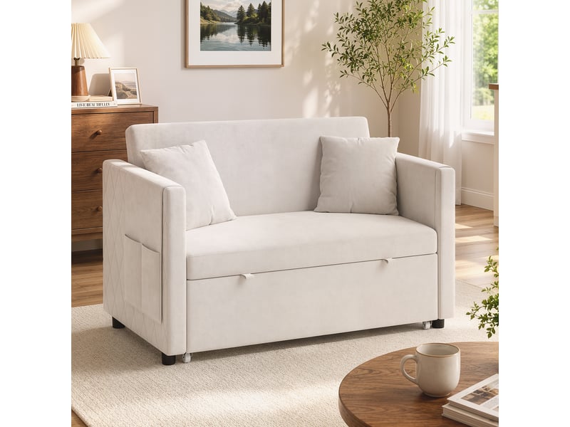  Canapé convertible inclinable réglable 2 places 2 coussins pochettes velours beige  - Conforama B