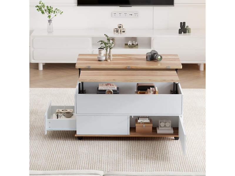  Table basse relevable 100x98 cm avec rangement caché, tiroirs et roulettes, bois et blanc  - Conforama E