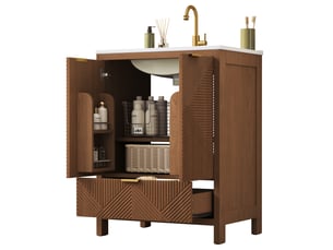 Meuble sous-vasque sur pied 61x47x87 cm, meuble salle de bain avec vasque céramique, motif ondulé, tiroirs et étagères, fermeture amortie, mdf, brun