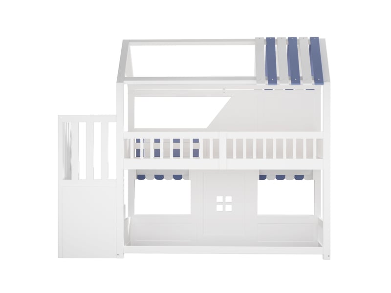  Lit superposé enfant 90x200 cm lit cabane avec rangement escalier led bois blanc bleu  - Conforama W