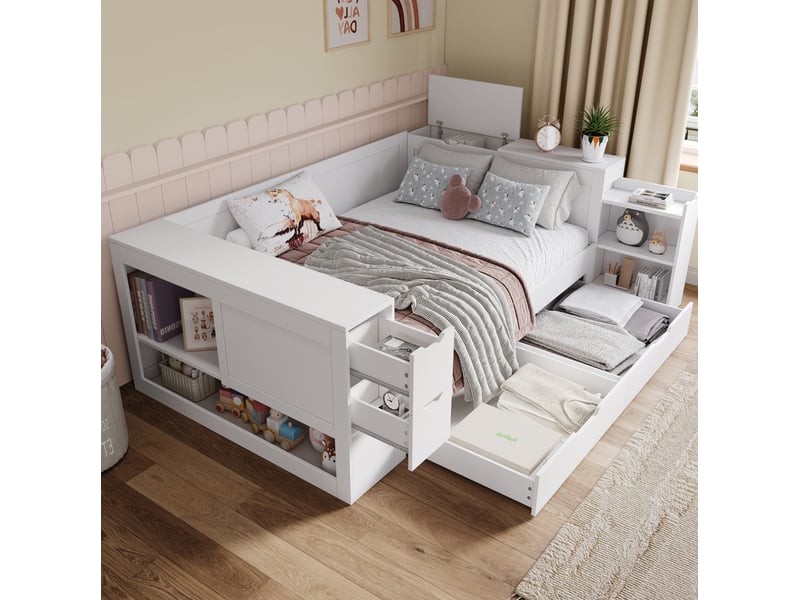 Lit coffre enfant 140x190cm lit double multifonctionnel tiroirs 58 cm rangements mdf blanc sans matelas  - Conforama D