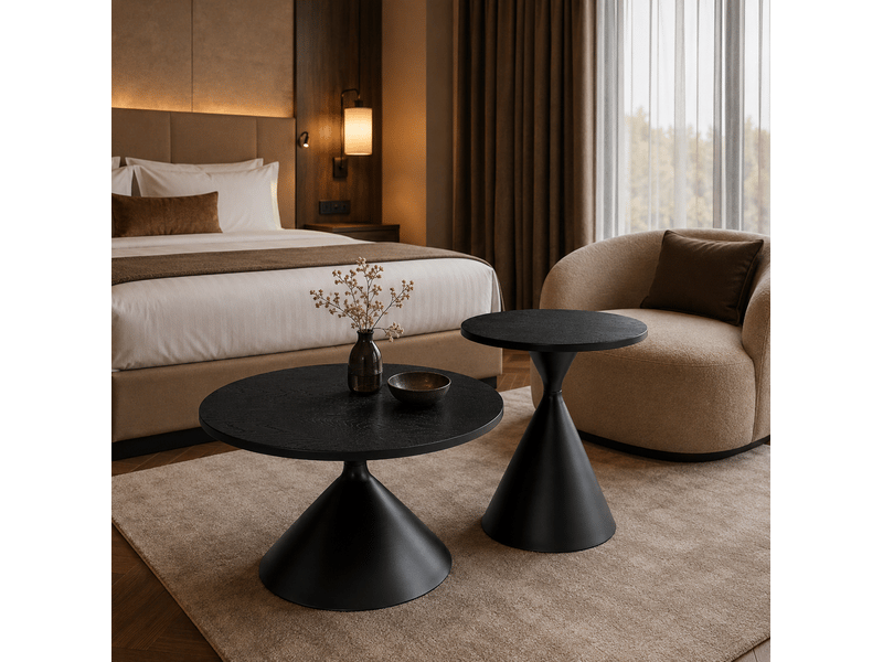  Table basse fixe et table d'appoint rondes, lot de 2 avec plateaux effet bois noir et piètements en acier pour salon  - Conforama E