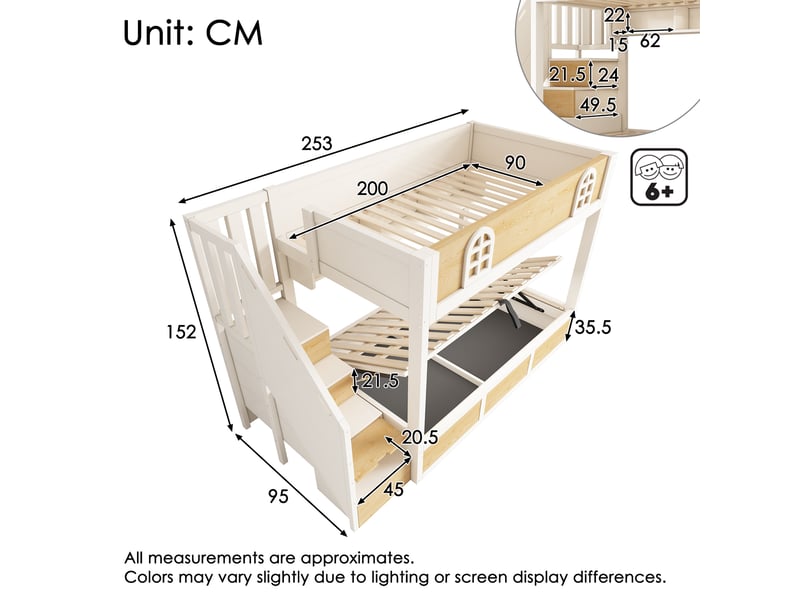  Lit superposé 90 × 200 cm 2 places avec coffre, escalier rangement et étagères, sans matelas, blanc et naturel  - Conforama D