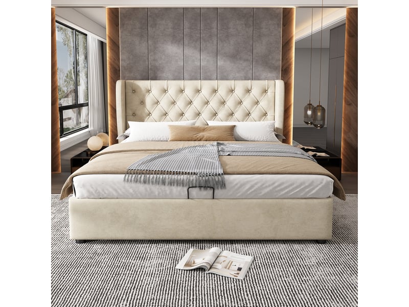  Lit coffre rembourré 140 x 200 cm en velours beige, tête de lit à oreilles capitonnée, sommier à lattes 28985960AAC - Conforama E