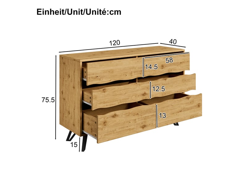  Buffet bas à 6 tiroirs en bois, pieds en métal noir, 120 x 40 x 75,5 cm  - Conforama E