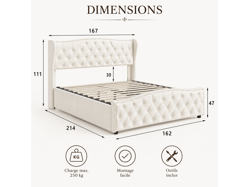 Lit 160 x 200 cm en velours, lit rembourré avec coffre de rangement hydraulique, lit double avec sommier à lattes et tete de lit capitonné, décor avec boutons,2 personnes, sommier à lattes, chambre adulteado, cadre de lit velour… - Conforama E