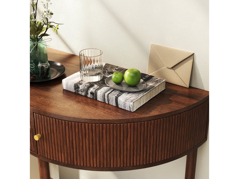  Table basse - console en forme de croissant, décor en bois brun noyer en mdf avec laque uv avec motif ondulé 3d réalisé à la main  - Conforama E