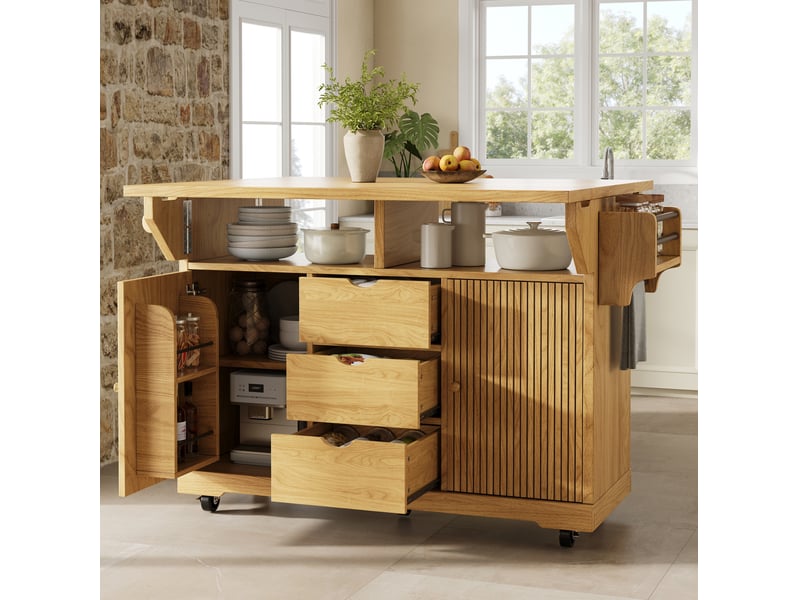  Desserte de cuisine avec 3 tiroirs, étagères réglables, plateaux rabattables et roulettes freinées, en mdf marron  - Conforama B