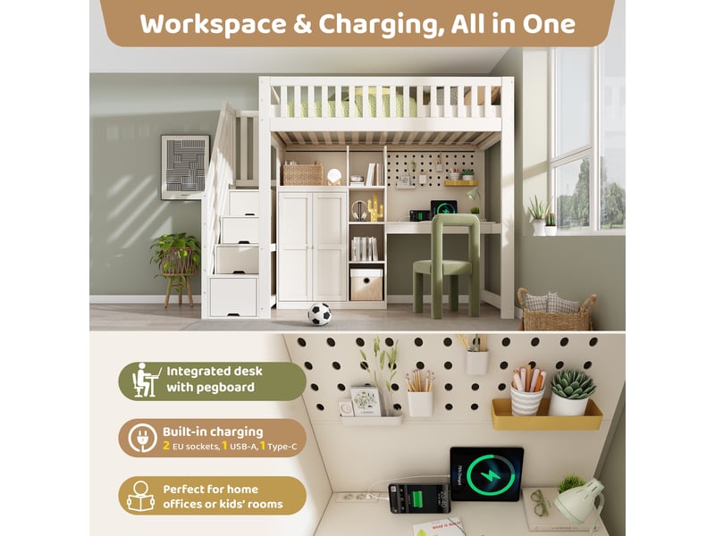  Lit mezzanine enfant 90x200 cm, bureau intégré, armoire intégrée, usb et usb-c, sommier à lattes, gain de place pour chambre - blanc  - Conforama E
