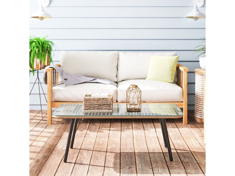  Table basse de jardin, table d'appoint extérieur résine tressée couleur bois naturel 110x60x40cm  - Conforama D