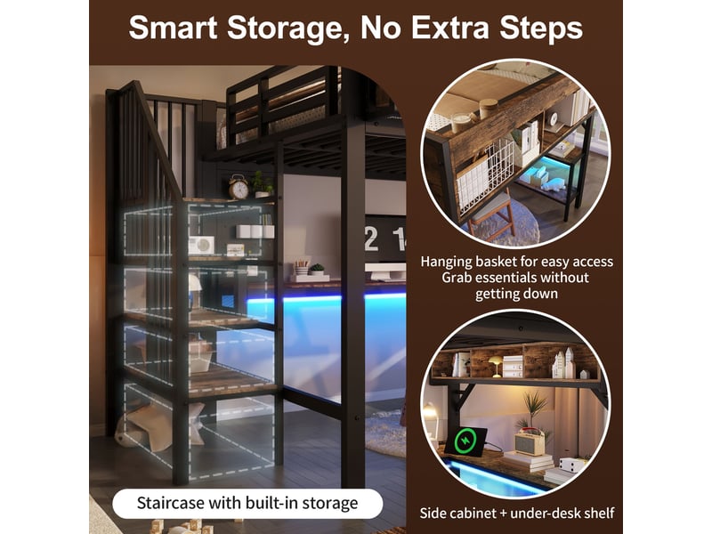  Lit mezzanine noir et bois vintage 140x200cm avec rangement, eclairage led &amp; porte usb, confort durable - fer et mdf - pour enfant ado  - Conforama C