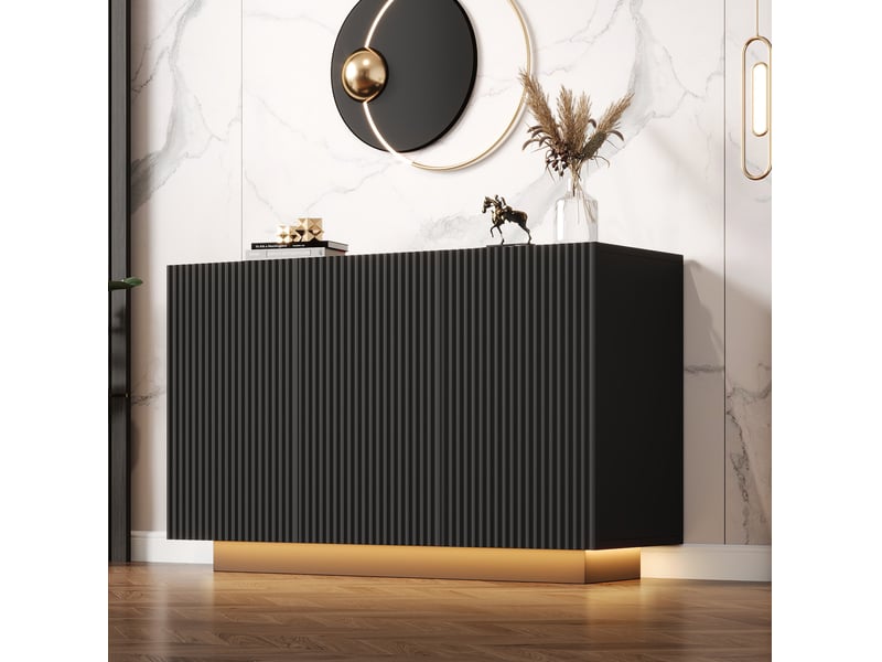  Buffet 120x40x75 cm, led intégré, commande bluetooth, façade à rayures verticales, plateau effet marbre en mdf, noir  - Conforama B