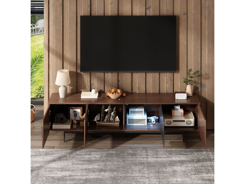 Meuble tv 200 cm noyer et noir avec led et portes en verre  - Conforama B