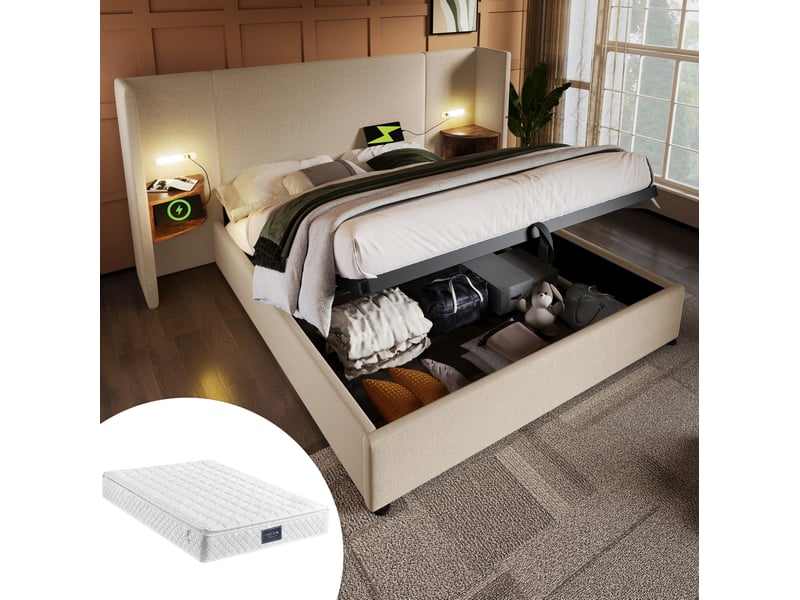  Lit double 160x200 cm avec rangement, lampe de lecture et charge usb type-c, métal et lin, beige sans matelas  - Conforama B