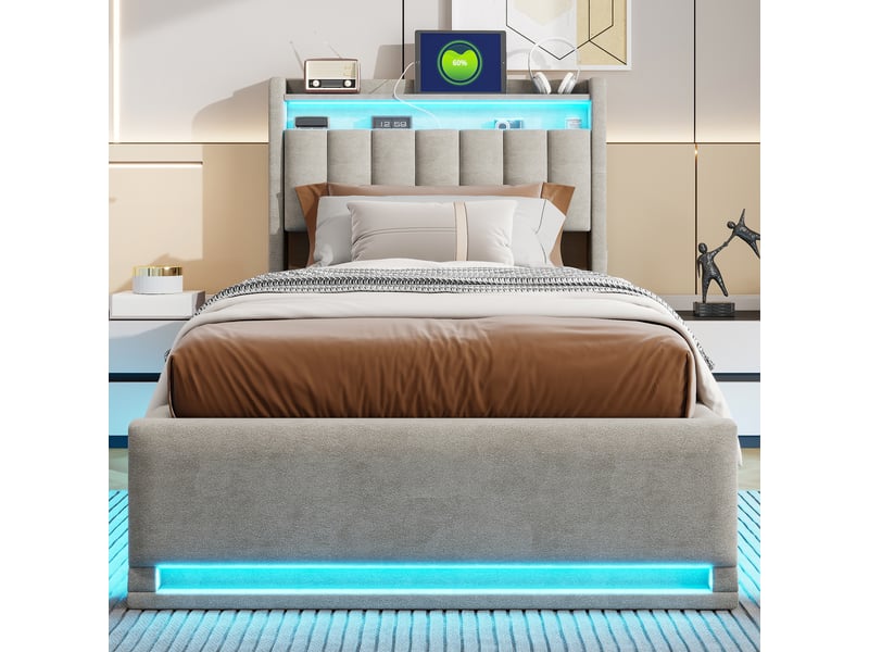  Lit rembourré 90 x 200 cm avec rangement, lit double avec éclairage led et port usb, lit hydraulique avec tête de lit et sommier à lattes, lit pour adolescent, velours, gris 250616WXL0601#ADnd2HWXHTDELLM - Conforama C