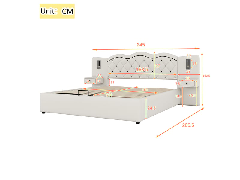  Lit coffre 180x200cm, lit adulte, tête de lit avec chevet, 2 éclairage latéral, prise usb, lin, beige, sans matelas  - Conforama C