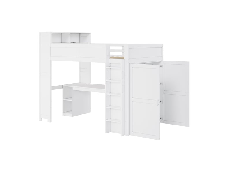 Lit mezzanine enfant 90x200 cm – blanc – bureau, armoire, rangements, usb et éclairage led – sans matelas - Conforama D