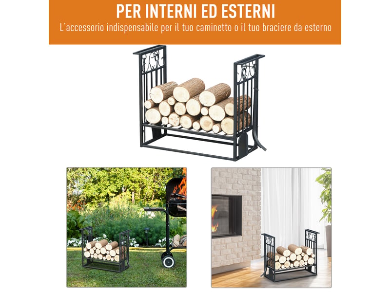 Porte-bûches surélevé en acier noir, 4 outils de cheminée, 75 x 30 x 60 cm - Conforama W